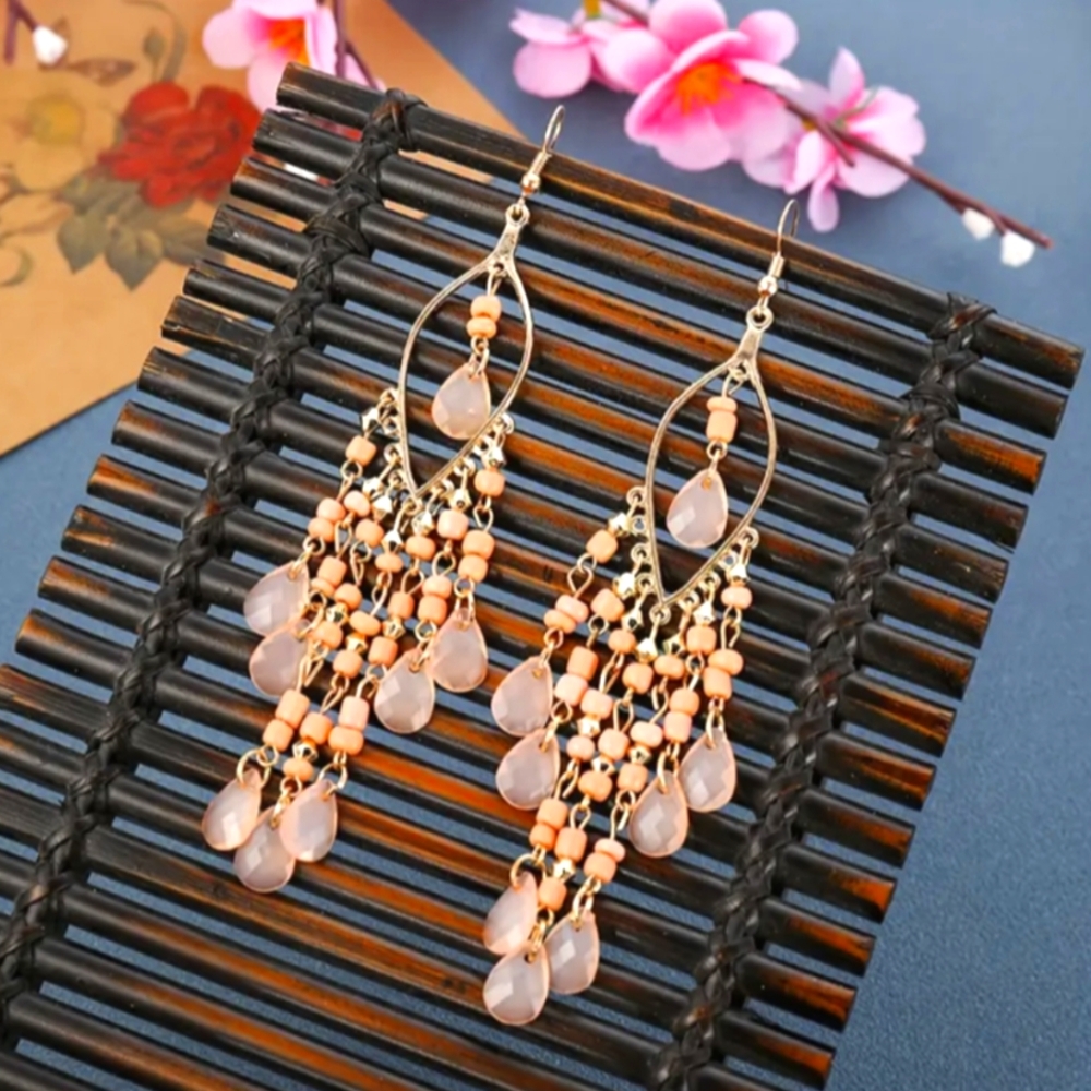 Women's Multi-Layer Gypsy  Drop Long Earrings Female Tassel Earrings Coral NWT
